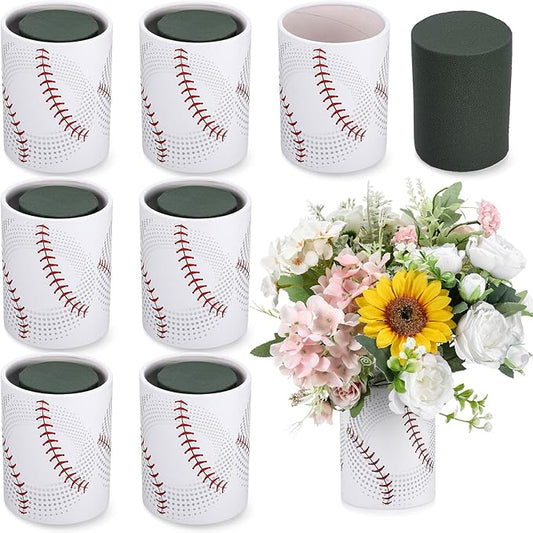 6 Set 5 Inch Baseball Table Centerpiece Sports Round Flower Box with Paper Removable Foam Vase for Artificial Flowers Baseball Utensil Holder Kitchen Home Party Decorations