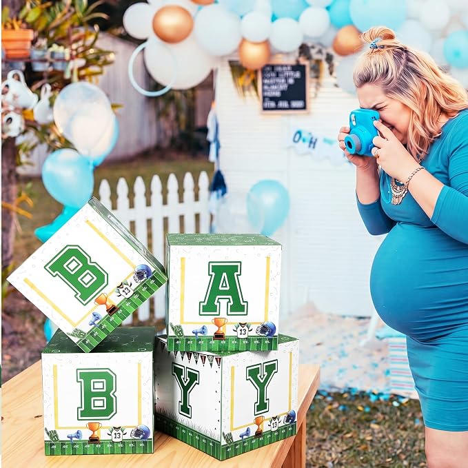 AmazingSpark 4 Pcs Football Touch Down It's a Boy Baby Shower Boxes with Letters Candy Box Decor with Letters Blocks Newborn Birthday Shower Centerpiece for Party Backdrop