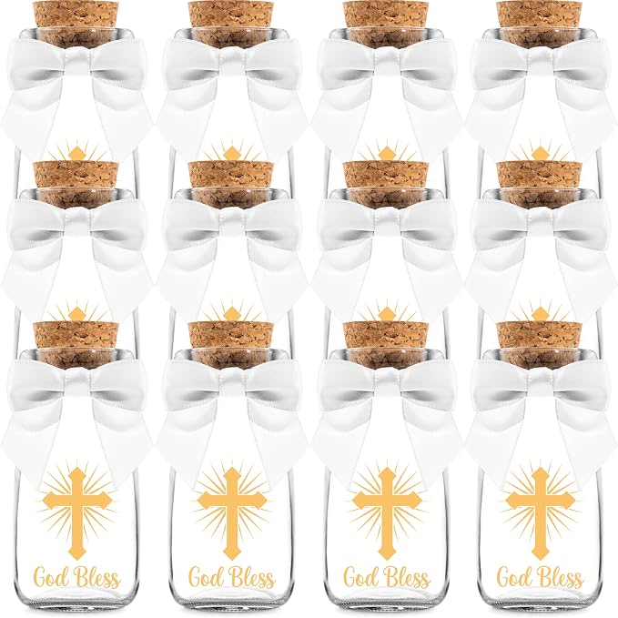 Ethisa Vintage 12 Pack Baptism Glass Bottles with Ribbons and Stickers - Classy God Bless Party Favors for Baptism and 1st Communion - Bautizo Table Centerpiece Decoration - Baby Christening Candy Jar