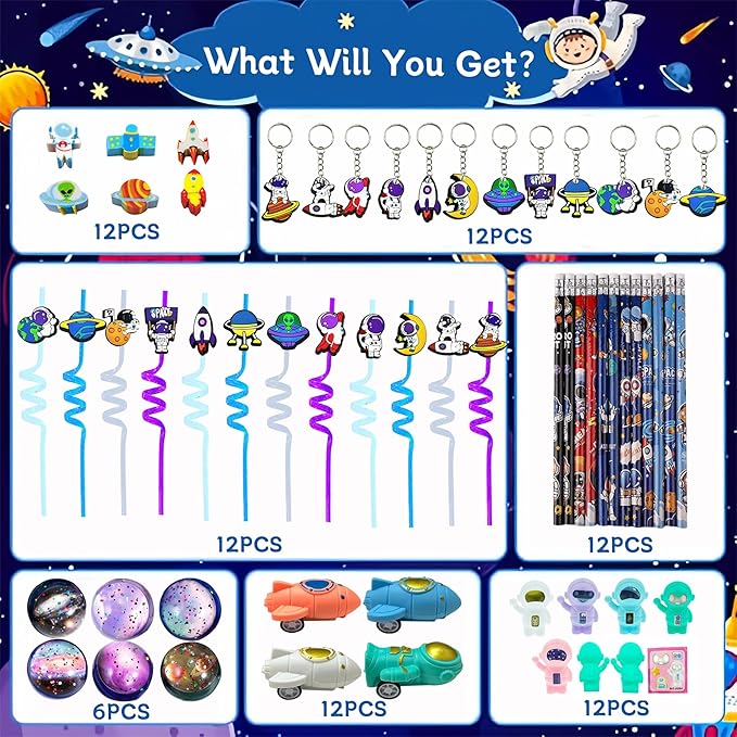152PCS Space Party Favors Set, Outer Space Birthday Decorations Including Slap Bracelets, Keychains, Gift Bags, DIY Stickers, Drinking Straws, Alien Birthday Supplies