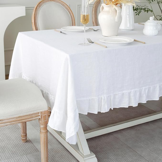Linen World Ruffle Linen Tablecloth,100% French Linen White Tablecloth 108" x 60" Inch,Washable Rectangular Tablecloth for Dining,Outdoor,Weddings and Restaurants,Decorative Thanksgiving Christmas