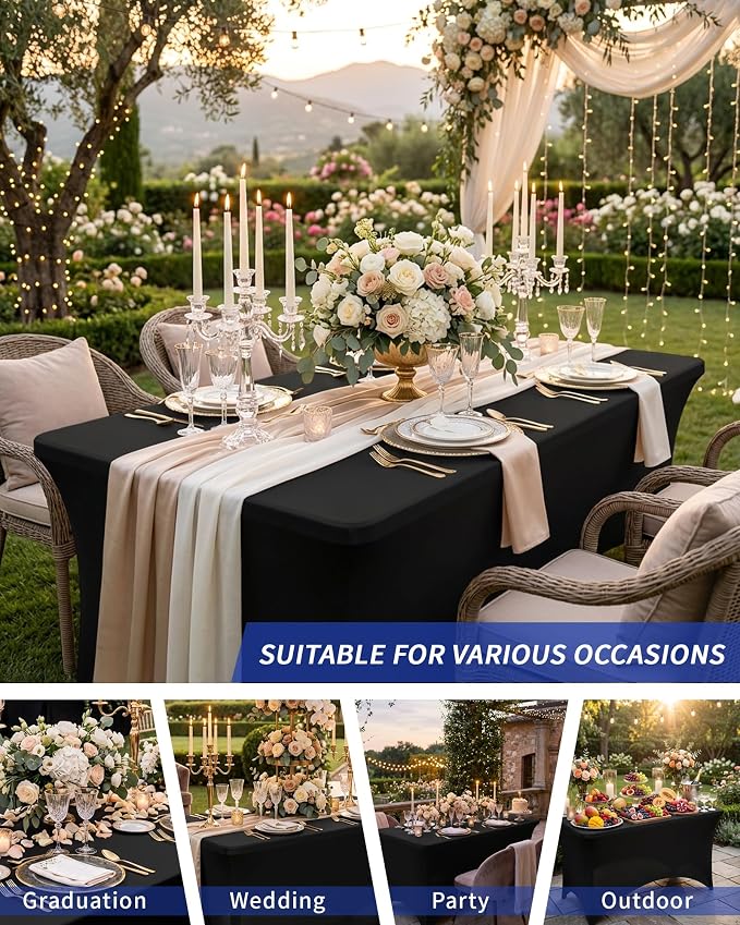 Fixwal 3 Pack Black Tablecloth Rectangle 4Ft, Stretch Spandex Fitted Table Cover for Party, Trade Show, Wedding, Buffet, Graduation, Vendor Stand