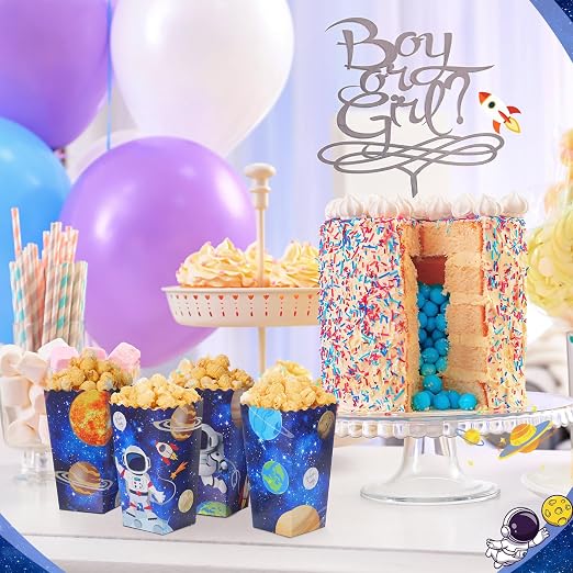 Honoson 48 Pcs Outer Space Popcorn Boxes 6 x 2.4 Inches Planet Galaxy Astronaut Popcorn Bucket Container Disposable Paper Food Trays Space Birthday Decorations for Movie Night Birthday Party Supplies
