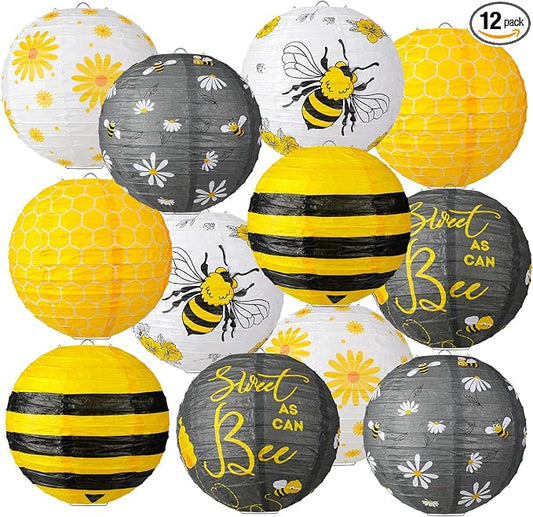 Panelee 12 Pcs Bee Party Decorations Paper Lanterns 8 Inch Hanging Round Hanging Paper Party Decorations for Holiday Indoor Outdoor Supplies