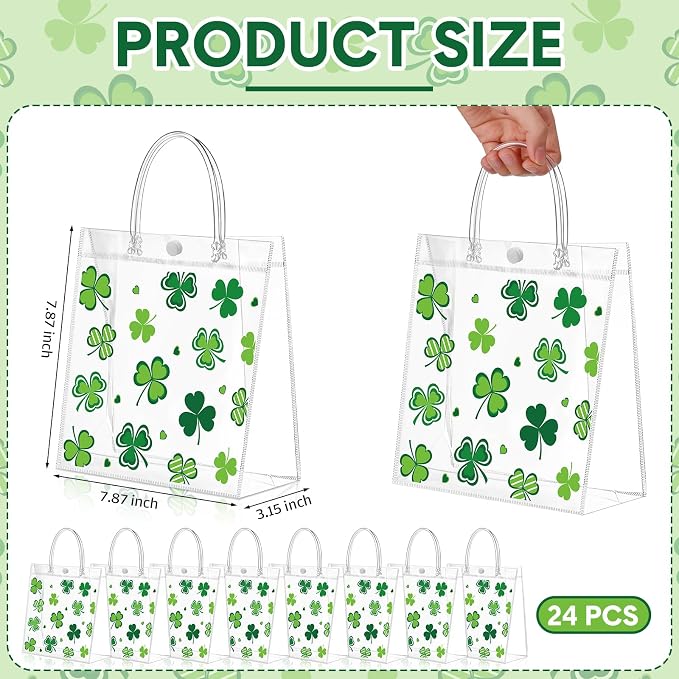 Hosuly 24 Pcs St. Patrick's Day Clear PVC Gift Bags with Handle Button Reusable Lucky Shamrock Candy Treat Goodie Bags for St. Patrick's Day Irish Theme Party Favors Supplies