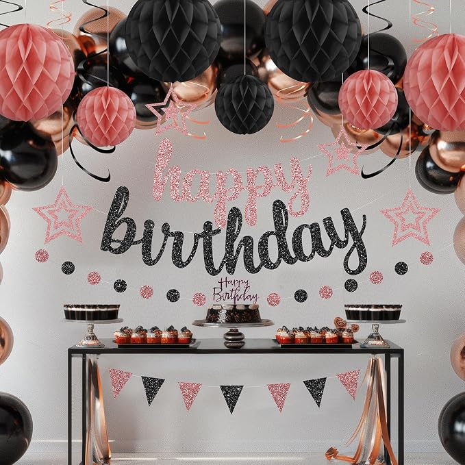 Rose Gold and Black Birthday Party Decorations Set - Happy Birthday Banner Balloons Foil Curtains Hanging Swirls for Women Girls Birthday Party Supplies