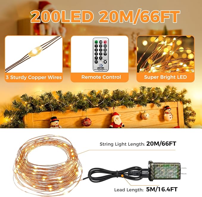 btfarm Fairy Lights Plug in with Remote, 66FT 200 LED Outdoor Twinkle Lights Waterproof with Timer, 8 Modes Indoor String Lights for Bedroom Patio Garden Wedding Christmas Decoration, Warm White