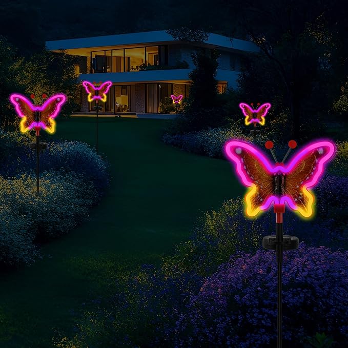 Solar Garden Butterfly Lights, Garden Outdoor Lights Decor, Butterfly Solar neon Light,led Butterfly Lights,Yard Patio Pathway Decoration (Red, 2pack)
