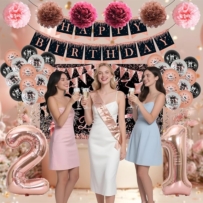 Happy 21st Birthday Decorations for Her, Black Rose Gold 21 Years Old Decor for Women Include Sash and Crown, 30pcs Balloons Banner 40" Number Balloons, Backdrop Cake Topper & Paper Pom Poms