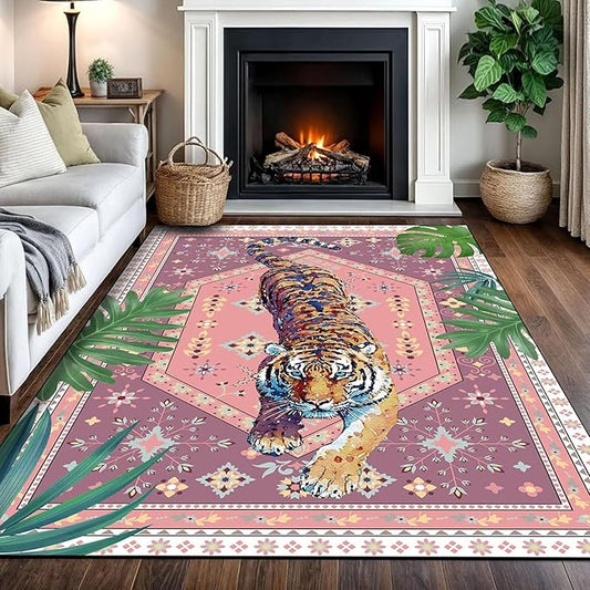 5' x 7' Tropical Jungle Area Rug Boho Retro Animal Carpet Pink Tiger Floor Mat Doormat for Kids Living Room Bedroom Playroom Laundry Kitchen Nursery