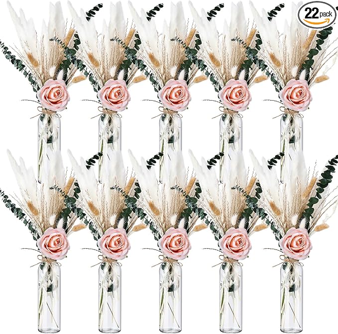 Qinyoung 10 Set Dried Pampas Grass Centerpiece for Wedding Baby Shower Party 10 Glass Flower Jars 10 Artificial Roses 80 Dried Pampas Grass with Rope for Rustic Bridal Farmhouse Decoration(Pink)
