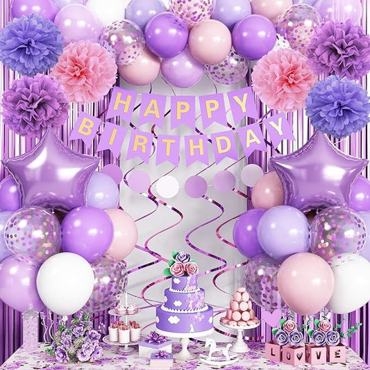 Jobkoo Pastel Pink Lilac White Balloon Arch Garland, Pale Purple Pink Happy Birthday Banner Foil Curtain Pompoms Hanging Swirl for Women Girls Birthday Party Decor