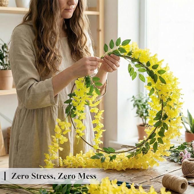 U'Artlines 24 Pack (Total 86.4 Feet) Artificial Fake Wisteria Vine Rattan Hanging Garland Silk Flowers String Home Party Wedding Decor (24,Yellow)