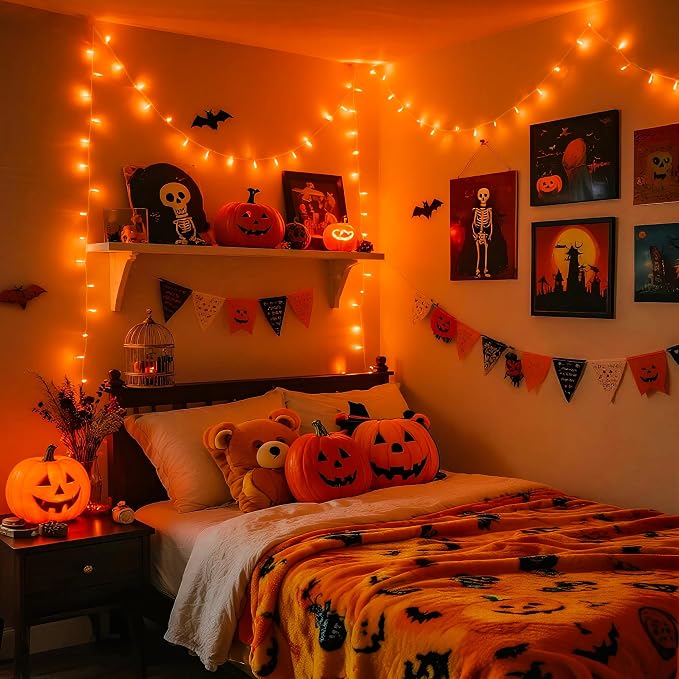 JMEXSUSS 33FT 100 LED Orange Lights for Halloween, Battery Operated Halloween Lights Outdoor Indoor, 8 Modes Remote String Lights for Yard Tree Front Porch Room House Fence Xmas Decor