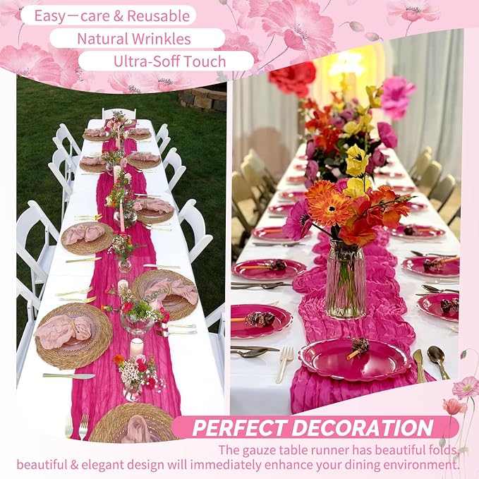 18 Pack Fuschia Cheesecloth Table Runner 17 x 108 inch Boho Gauze Table Runner Rustic Sheer Cheese Cloth Table Decorations for Wedding Party Baby Bridal Shower Birthday Holiday Home