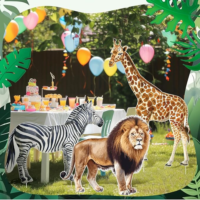 Amyhill 3 Pcs Jungle Safari Animal Cardboard Cutout Standup Life Size Safari Birthday Party Decorations Lion Giraffe Zebra Cardboard Cutouts for Baby Shower Birthday Party Photo Backdrop Favors