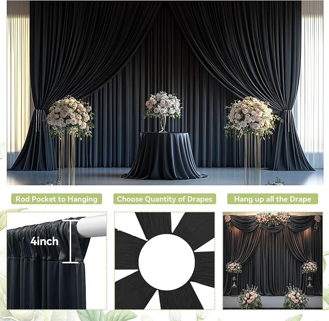 10ft×12ft Black Backdrop Curtain for Wedding Parties, 2 Panels Wrinkle Free Polyester Photo Backdrop Drapes Back Drop Cloth for Birthday Photography Background
