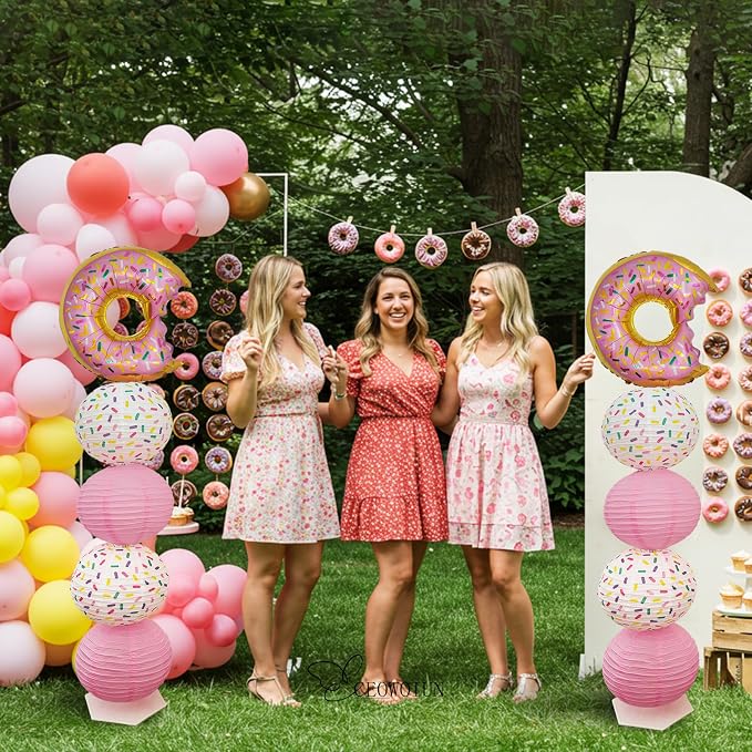 Donut Balloon Column Stand Kit And Paper Lantern 2 Sets 5.5 Feet with Reusable Metal Telescopic Design for Donut Parties, Birthday Decorations for Girls, Easter Decorations,Wedding