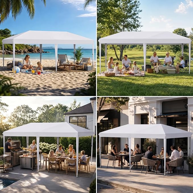 10x20 Pop Up Canopy Without Sidewalls, Instant Tent with Carry Bag, Sandbags, Height Adjustable Waterproof Outdoor Canopy, Outdoor Canopy for Events, Camping, Parties (White)