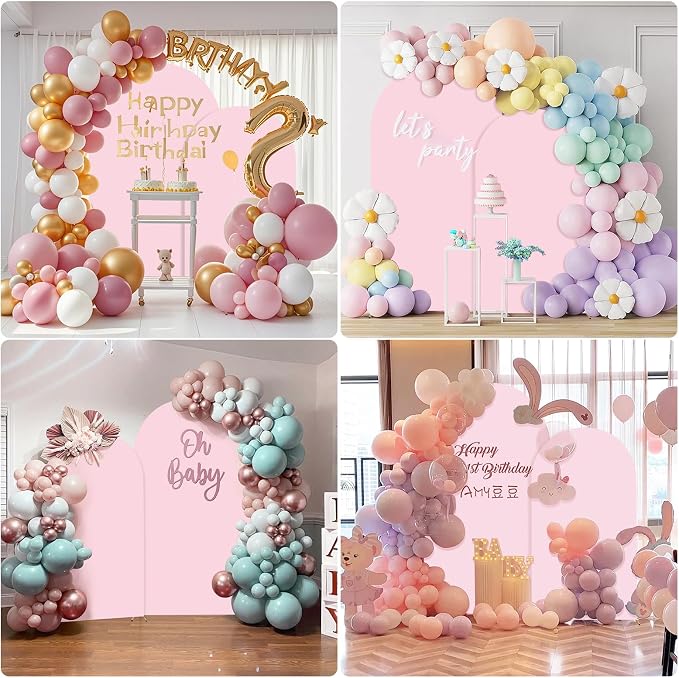 SuuWoee Metal Arch Backdrop Stand Set of 2 With Pink Cover (7.2FT+6FT) Gold Wedding Arch Stand Balloon Arched for Birthday Party Baby Shower Graduation Ceremony Decoration