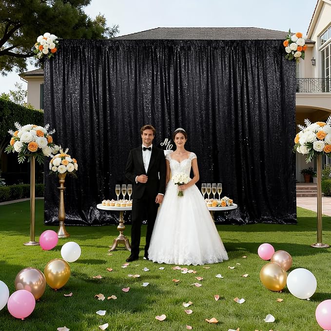 SquarePie 10x10ft Black Sequin Backdrop for Photography, Satin-Backed Real Sequin Curtain, Enhanced Coverage Shimmering Background with 4" Rod Pocket for Wedding, Birthday, Party Decor, 1 Panel