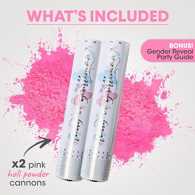 PrimePure Gender Reveal Confetti Cannon - Biodegradable Powder Cannon - Pink, 2 Pack - Baby Girl Gender Reveal Smoke Bomb - Pink Baby Powder Party Poppers Confetti Shooters