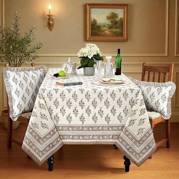 Ridhi Block Print Quiet Earth Rectangle Cotton Tablecloth 108" x 70" Reusable Table Cover Decorative Everyday Use for Dining, Farmhouse, Home Gift for Spring, Easter, Valentine