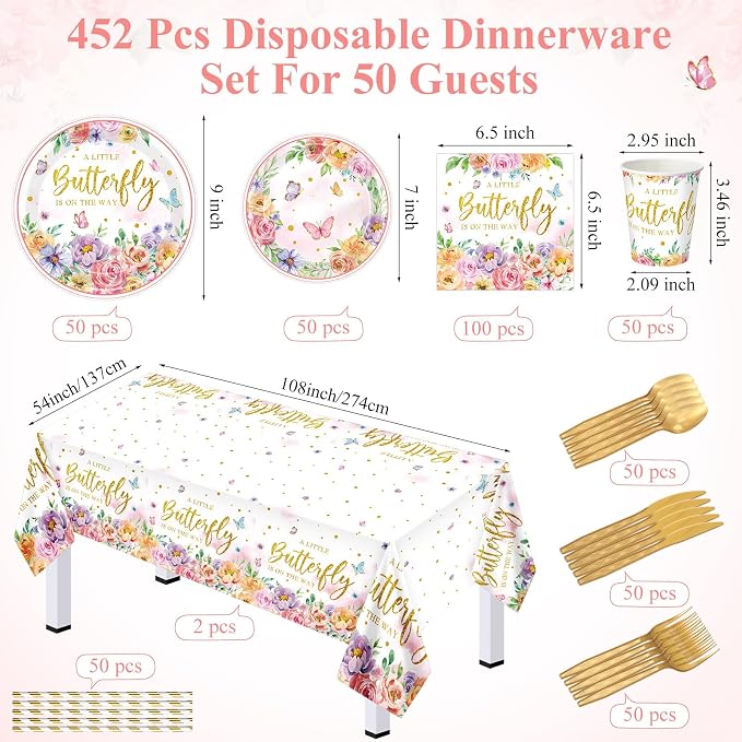 Funnymoom 452 Pcs Floral Butterfly Baby Shower Decorations, a Little Butterfly Is on the Way Paper Plates Napkins Cups Tablecloth Cutlery Straws for Summer Floral Baby Shower Party Supplies