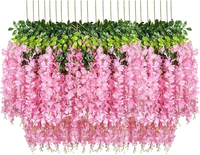 Pauwer 24 Pack 3.6 Feet/Piece Artificial Fake Wisteria Vine Ratta Hanging Garland Silk Flowers Home Party Wedding Decor (Pink, 24PCS)