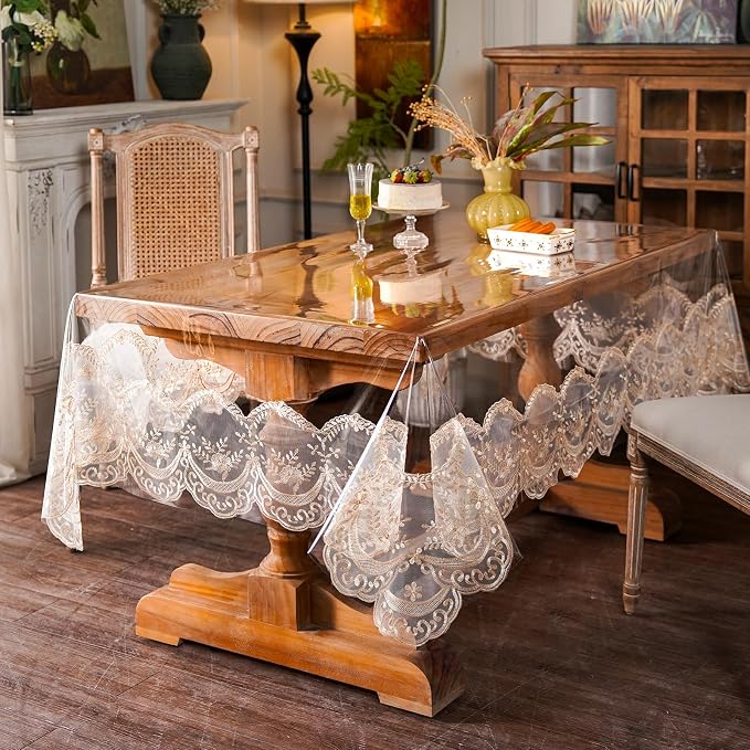 ARTABLE Vinyl PVC Rectangle Tablecloth Waterproof Clear Table Cover with Champagne Lace Macrame Border for Wedding Kitchen Home Outdoor Indoor Holidays Party Decor (Champagne-1, 60 x 84 Inch)