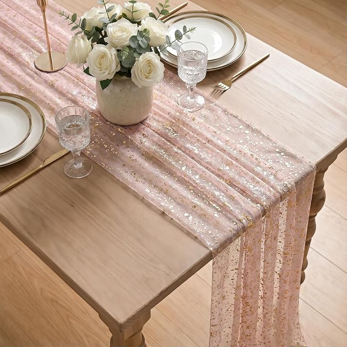 Artoid Mode 10Pcs Pink Gauze Gold Table Runner 10FT, Glitter Metallic Foil Sheer Dining Wedding Anniversary Holiday Table Decor for Home Party