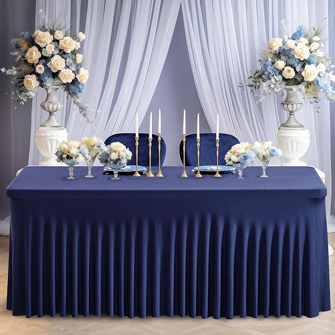 Wish Care 6 Pack Navy Blue Stretch Spandex Table Clothes for 6 Foot Rectangle Tables, 6FT Wrinkle Free Fitted Tablecloths Ruffles Design Table Cover for Party, Banquet, Wedding and Events