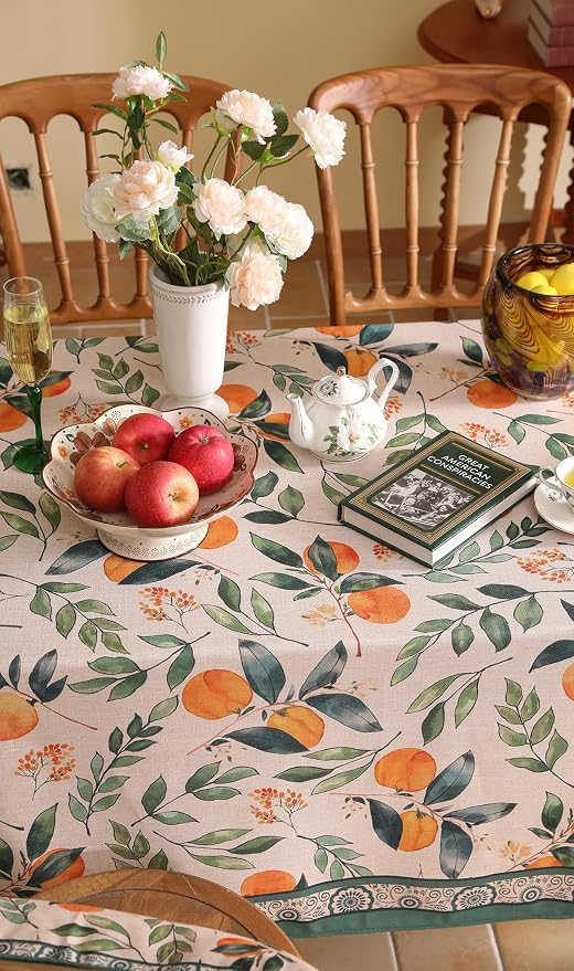 patdrea Designer French Linen Tablecloth,Rectangular,118"x67"-Palladin A | Elegant Extra Wide Table Cloth for Rectangle Table,Orange Floral Patterned,for Dining Room Tea Party Thanksgiving