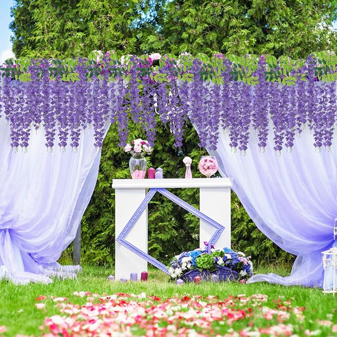 48 Pack Artificial Wisteria Hanging Flowers Fake Wisteria Flower Garland Silk Vines Rattan Decor for Home Wedding Arch Wall Garden Greenery Bedroom Outdoor Office Party Decoration (Purple)