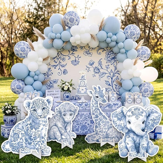 Honoson 4 Pcs Large 20" x 30" Blue Toile Safari De Jouy Cardboard Cutouts, Toile De Jouy Baby Shower Party Yard Signs Decoration for Birthday Party Supplies Lawn Classroom Blue Floral Home Decor