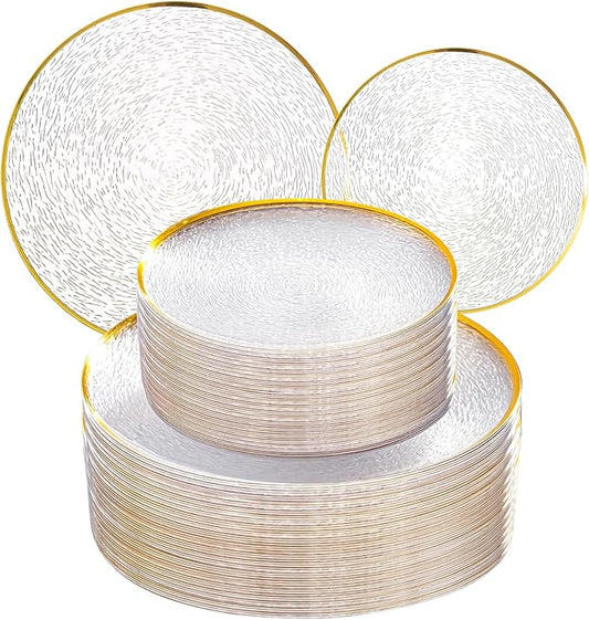 Licaere 60Pcs Clear Plastic Plates - Clear Disposable Plates With Gold Rim - Heavy-duty Gold Plates, Party Plates Include 30Clear Dessert-Platos,30Dinner-Platos for Wedding ＆ Party ＆ Spring