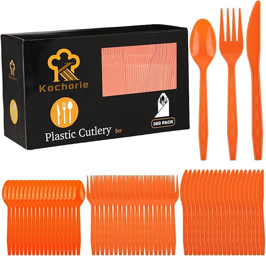 Kochorie 360 Pieces Orange Plastic Cutlery Set Disposable Plastic Utensils Heavy Duty Flatware Set Includes 120 Knives 120 Forks 120 Spoons for Party Wedding Birthday