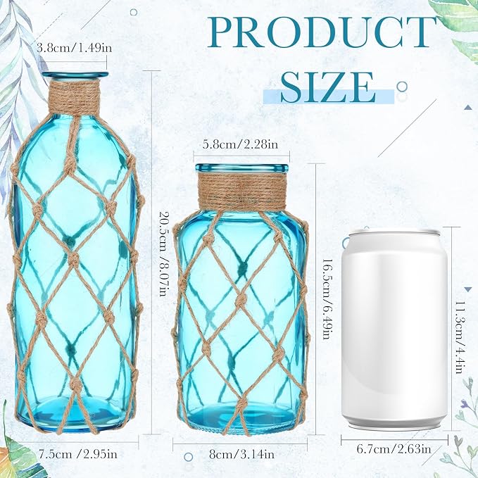 Chuangdi Set of 2 Coastal Glass Vases for Flowers TSITP Flower Vase with Boho Rope Small Sea Glass Jar Nautical Beach Bottle for Wedding Table Centerpieces Floral Arrangement Decor(Aqua Blue)