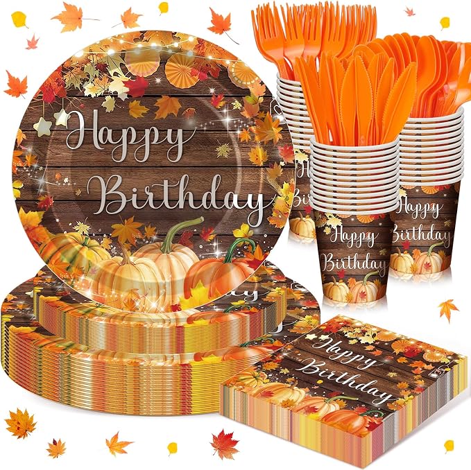 168 Pcs Fall Birthday Decorations Autumn Themed Party Supplies Maple Leaves Pumpkin Tableware Set Disposable Paper Plates Cups Utensils for Birthday Baby Shower Party Serve 24