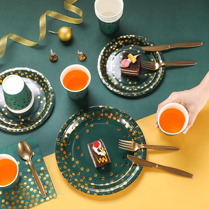 Tegeme 256 Pcs Dark Green and Gold Dot Party Supplies Paper Plates Napkin Tablecloth Set Disposable Cup Fork Knives Spoon Serve 36 Dinnerware for Birthday Wedding Aniversary Baby Shower Decoration