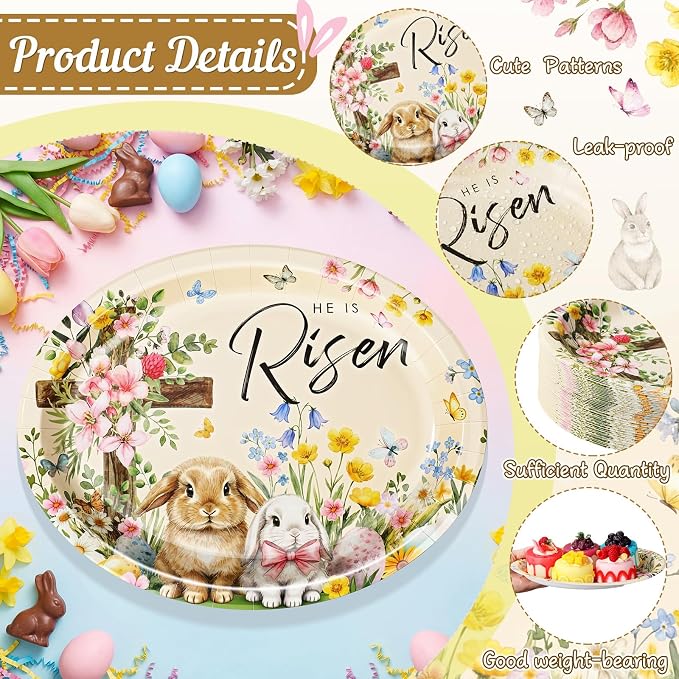 Vesici 150 Pcs Easter Cross Paper Plates and Napkins Set-serves 50, 10'' x 12'' Large Bunny Flower Tableware Disposable Primary Cross Paper Plates Cups Napkin for Spring Easter Birthday Party Supplies