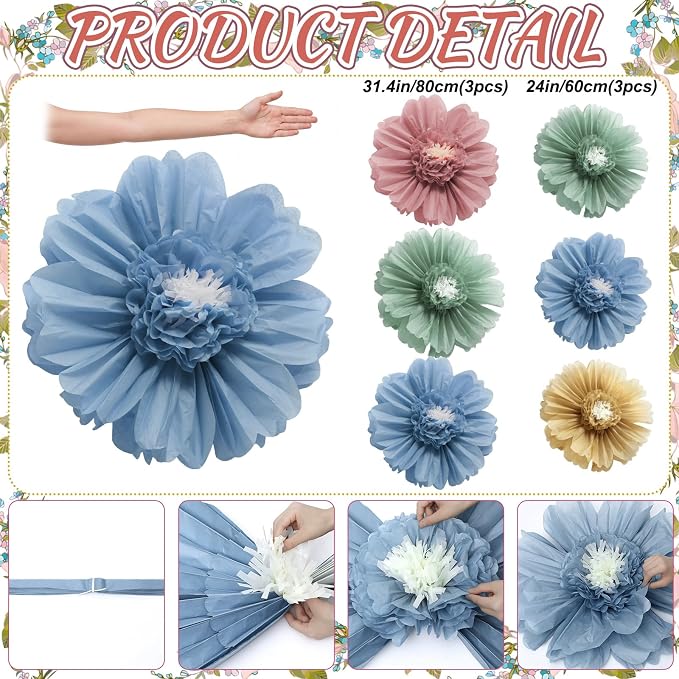 Giegxin 6 Pcs 31.5", 24" Boho Giant Paper Flower Morandi Back to School Bulletin Board Decoration Large Green Blue Classroom Tissue Flower for Wall DIY Nursery Photo Backdrop First Day of School Party