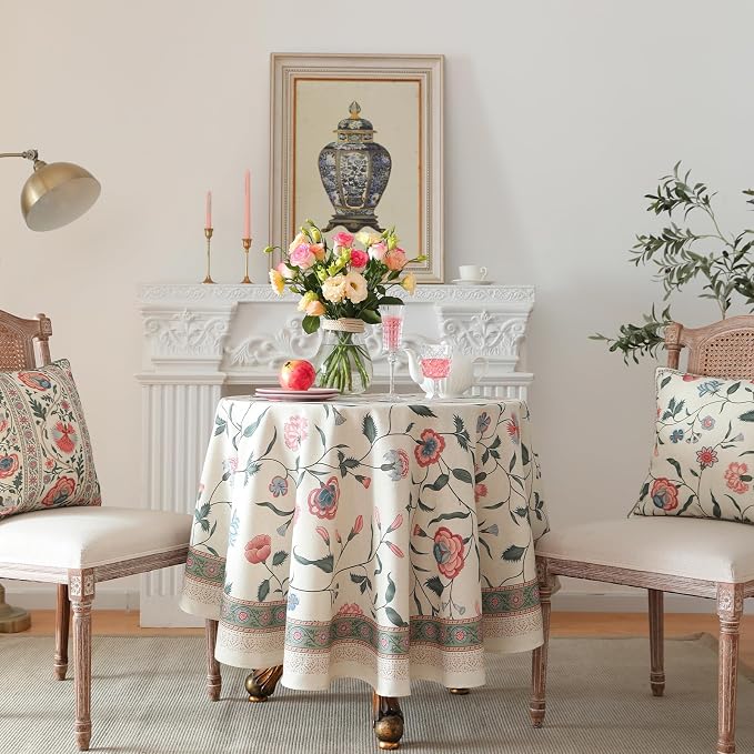 ISAENNE Designer French Linen Round Tablecloth,Diameter 67"-Daffy | Vintage Elegant Table Cloth for Round Table,Floral Pattern,Decoration,Heavyweight,Dining,Kitchen,Tea Party,Thanksgiving