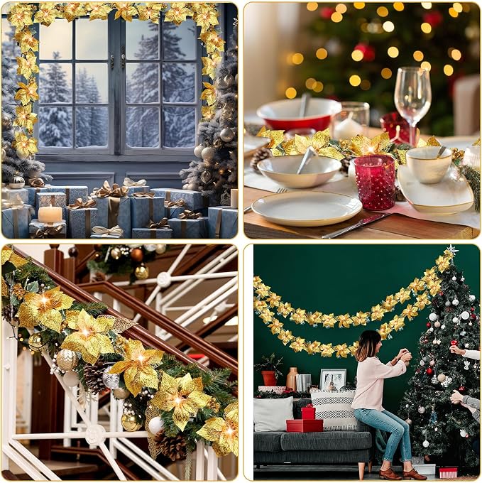 Zubebe 2 Pcs Prelit Poinsettia Christmas Garland with String Lights Glitter Holly Leaves Berries Remote Timer 8 Modes 6.5 ft Lighted Flower Garland Battery Operated Indoor Outdoor Decor(Gold)