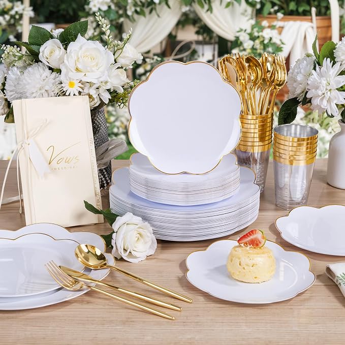 ejonirinjonir EI 180pcs White Plastic Plates with Gold Plastic Silverware,Heavy-Duty Disposable Plates for Party,White Dinnerware Set for 30 Guest Wedding,Birthday,Spring Afternoon Tea