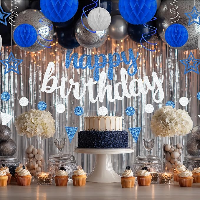 Blue and Silver Birthday Party Decorations Set - Happy Birthday Banner Balloons Foil Curtains Hanging Swirls for Men Women Kids Birthday Party Supplies