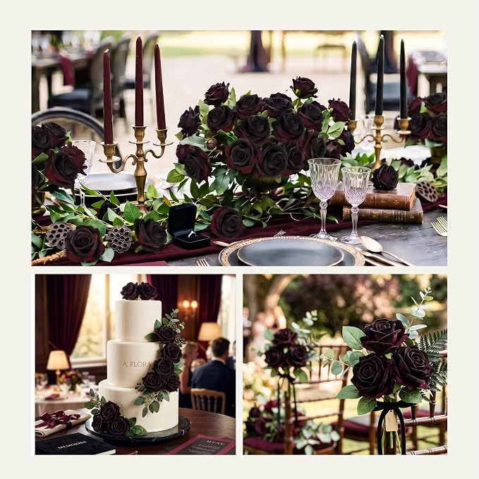 Auihiay 60PCS Artificial Roses, Black Magic Roses, Velvet Silk Roses, Realistic Artificial Flowers for Gothic Wedding Centerpieces, Anniversary, Valentine's Day & Halloween Home Decor