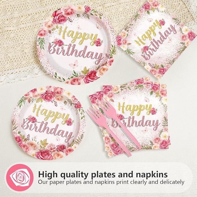 96Pcs Rose Floral Birthday Party Supplies Rose Gold Pink Floral Plates and Napkins Tableware Sets for Womens Girls Lady Happy Birthday Flowers Party Decorations Serves 24