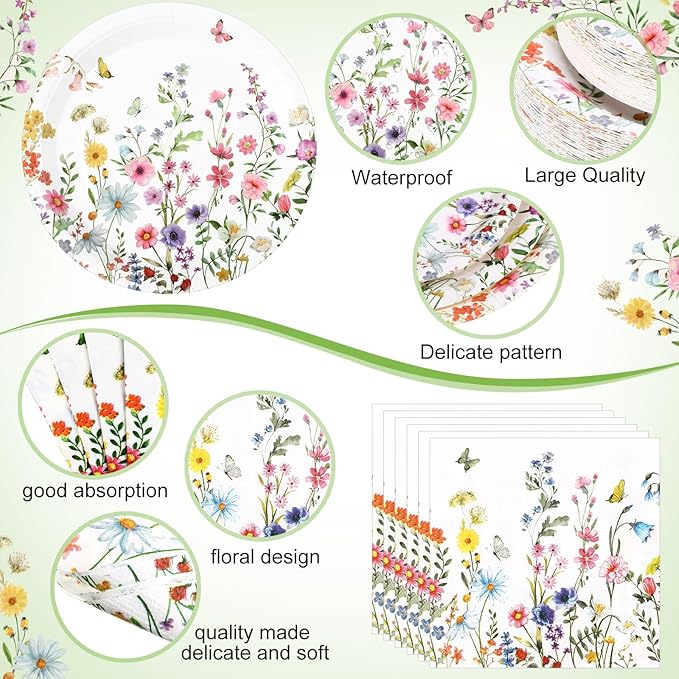 Funnymoom 452 Pcs Wildflower Party Supplies Include Spring Floral Disposable Paper Plates Napkins Cups Tablecloth and Cutlery Straws for Wedding Garden Tea Party Decoration Bridal Shower Baby Shower