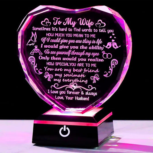 Arikyrist Romantic Gifts for Wife Heart Crystal Keepsakes to My Wife with LED Base Anniversary Birthday Gifts for Wife Her from Husband